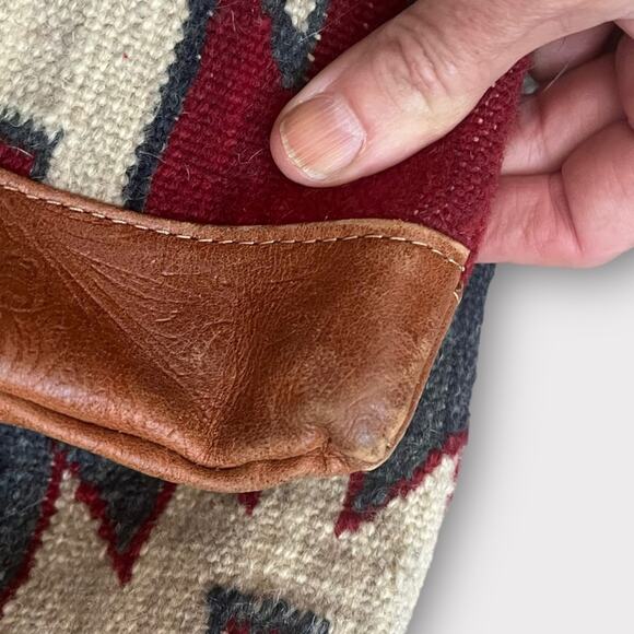 Southwestern Kelim Saddle Blanket Woven Tote Bag Purse Tooled Leather Trim - Picture 10 of 11